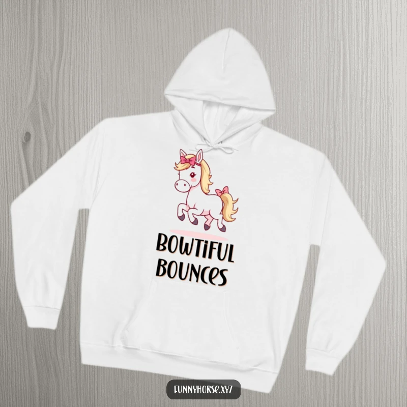 Funny whimsical horse hoodie featuring a delightful horse with a bow on its tail executing a cute little hop, full of joy.
