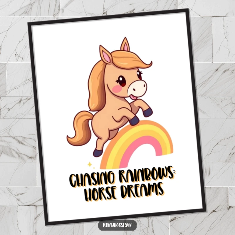 Funny Free Printable Wall Art: A happy horse with a flowing mane leaping gracefully over a tiny, vibrant rainbow.