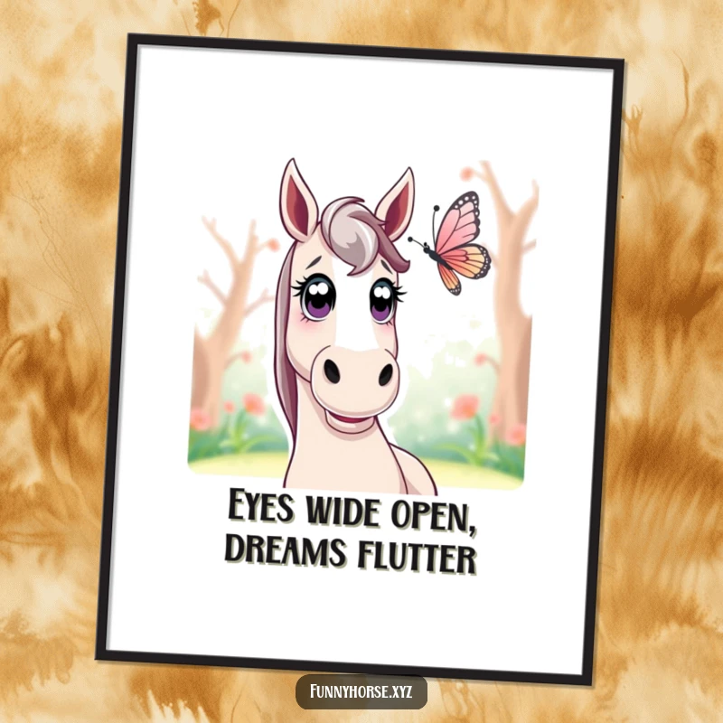 Funny Free Printable Wall Art: A horse with comically wide eyes is completely captivated by a small, beautifully fluttering butterfly.