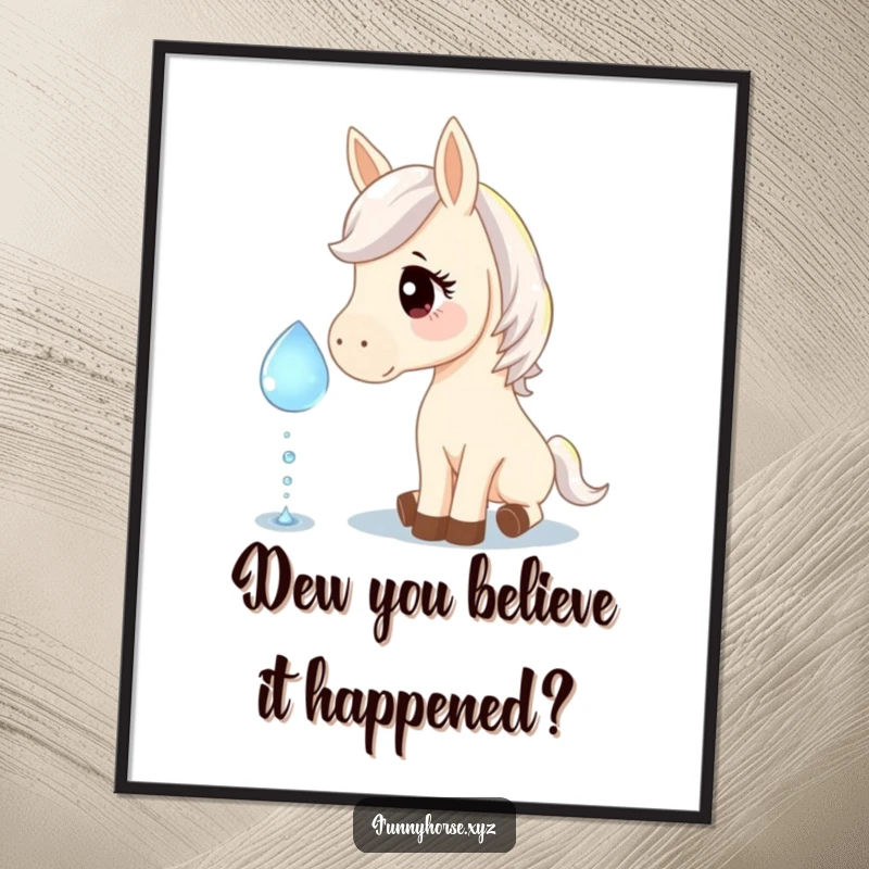 Funny Free Printable Wall Art: Curious horse gently nudging a giant sparkling dewdrop, adding whimsical decor.