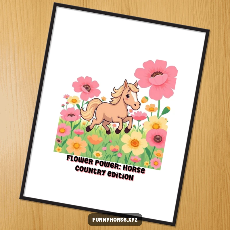 Funny Free Printable Wall Art: A playful horse galloping with abandon through a field of larger-than-life, vibrant flowers.