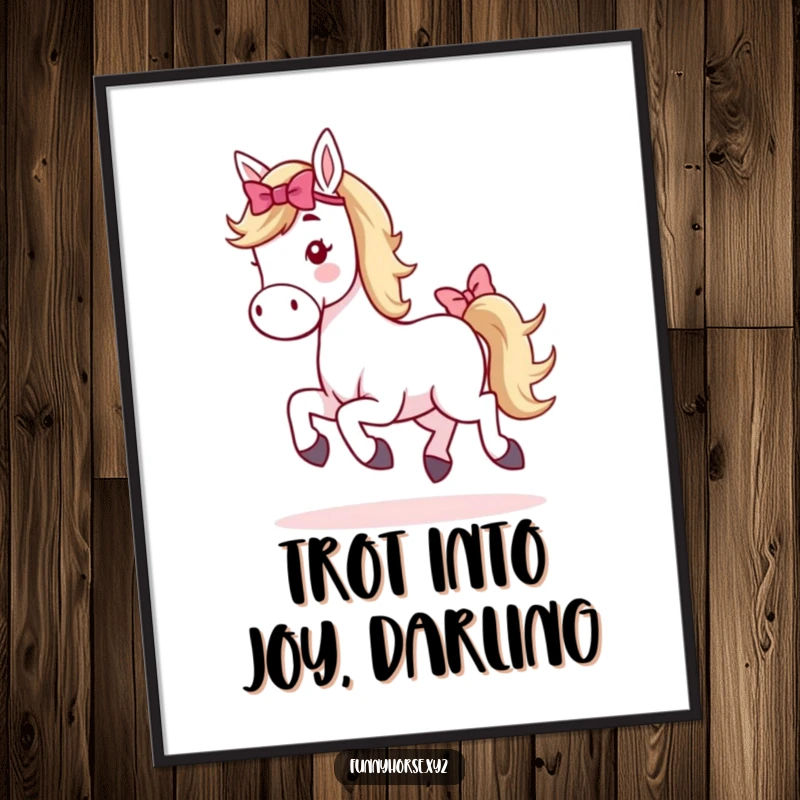 Funny Free Printable Wall Art: A whimsical horse with a bright bow on its tail, joyfully executing a small, cute hop.