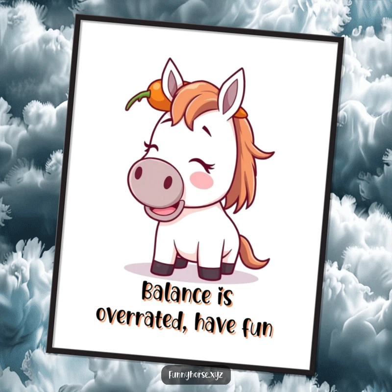 Funny Free Printable Wall Art: A horse with a huge grin and eyes squeezed shut trying to balance a large carrot on its head.