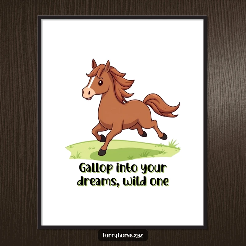Funny Free Printable Wall Art of a proud brown horse with a flowing mane, joyfully galloping across expansive green fields.