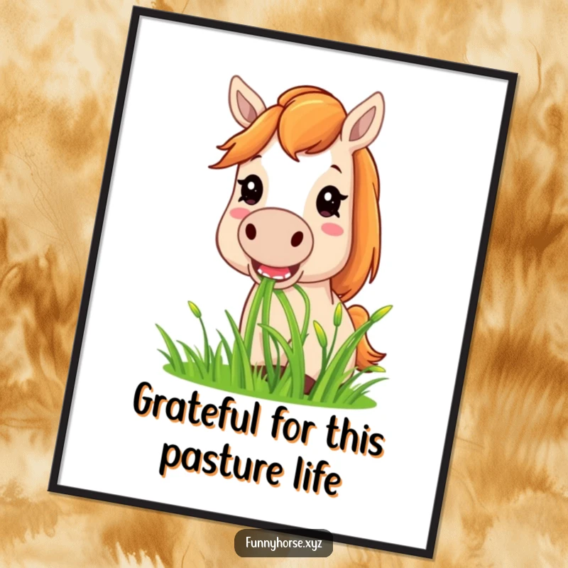 Funny Free Printable Wall Art: A content horse with a look of pure joy eating a large bunch of grass.