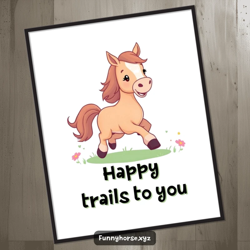 Funny Free Printable Wall Art: Joyful horse with a bright smile prancing in a meadow, creating cheerful decor.