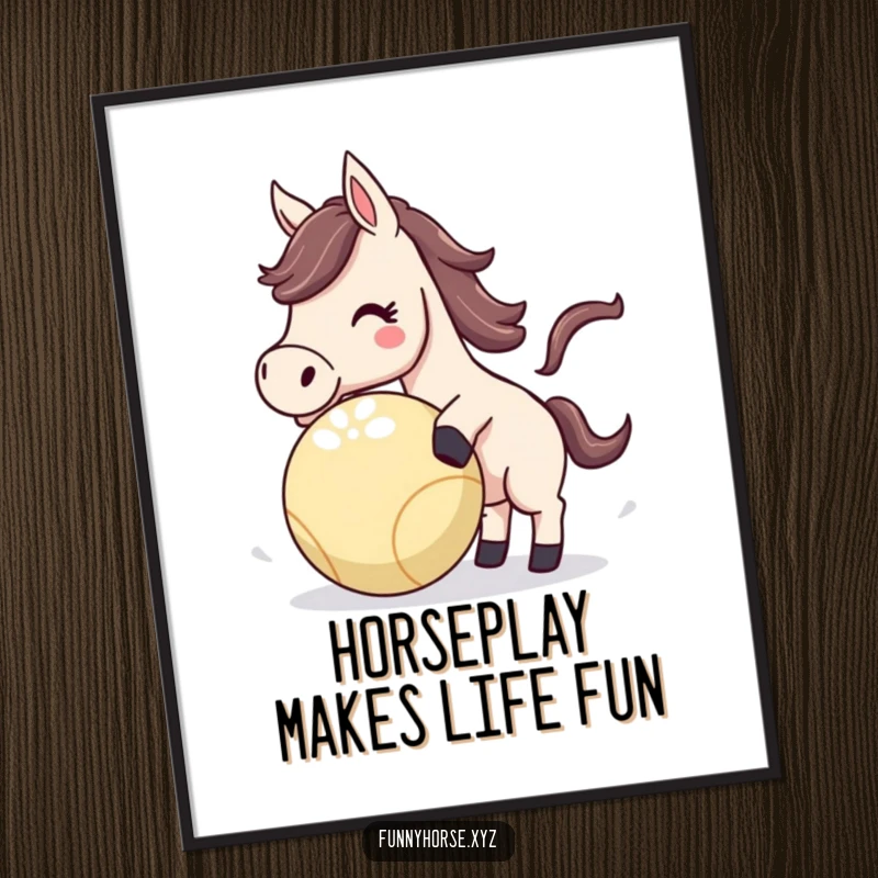 Funny Free Printable Wall Art: An energetic horse playfully nudging a colorful bouncing ball, full of life.