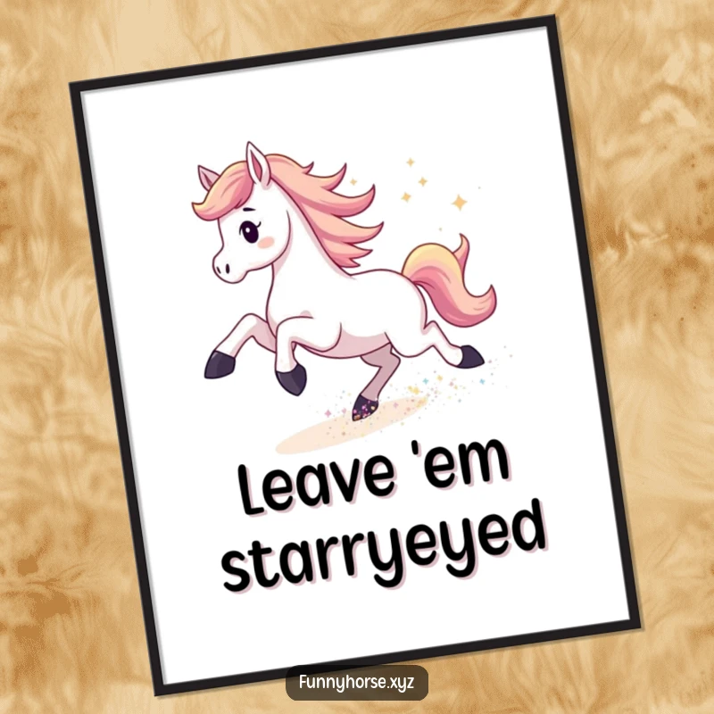 Funny Free Printable Wall Art: Energetic horse kicking up a trail of shimmering stardust, creating dynamic decor.