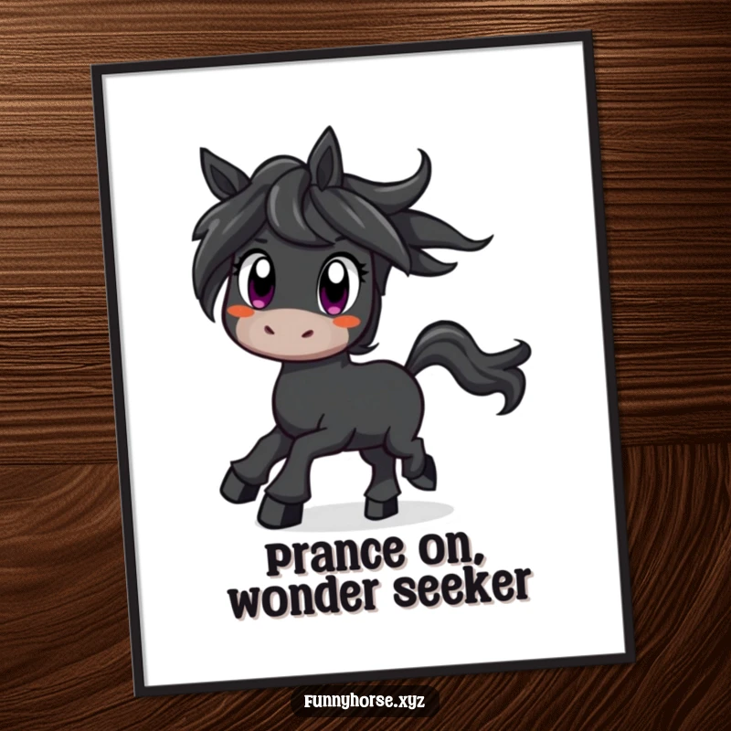 Funny Free Printable Wall Art of a curious black horse with wide eyes, prancing with excitement and a hint of playful mischief.