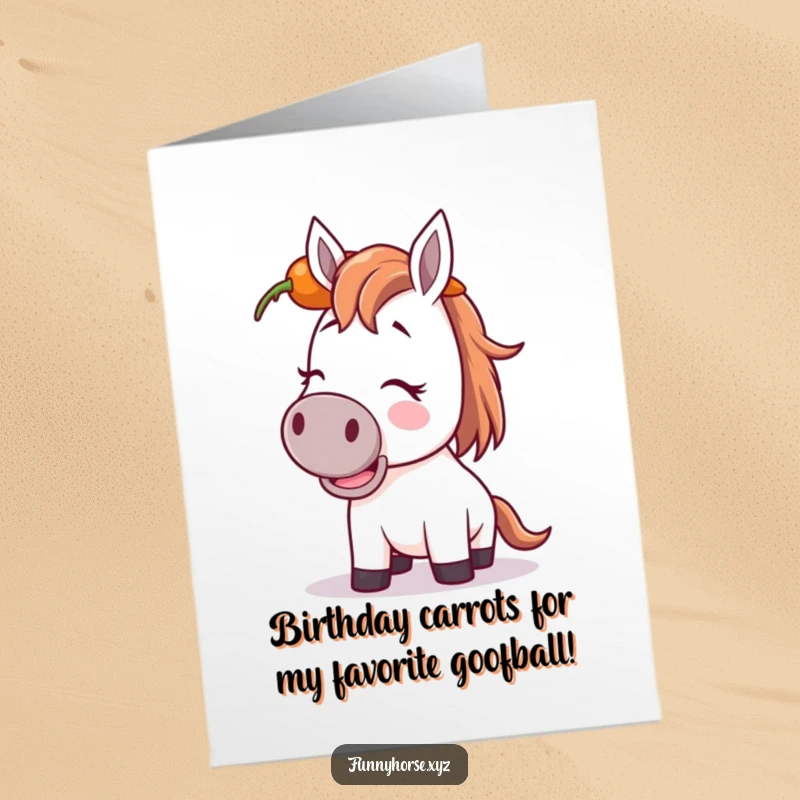 Funny Free Printable Birthday Card: A giggling horse with a silly expression trying to balance a bright orange carrot on its head.
