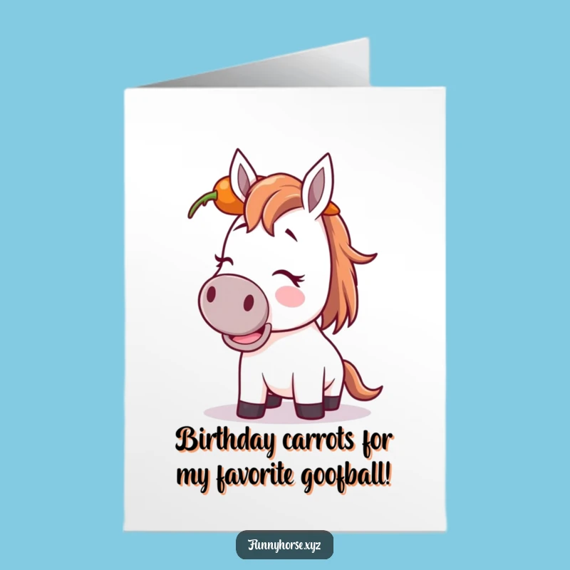 Free Printable Birthday Card: Giggling Horse Balancing Carrot, Hilarious Downloadable