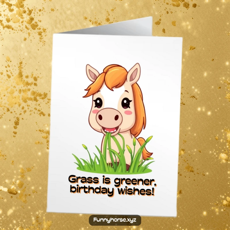Funny Free Printable Birthday Card: Content horse joyfully devouring a large bunch of lush, green grass.