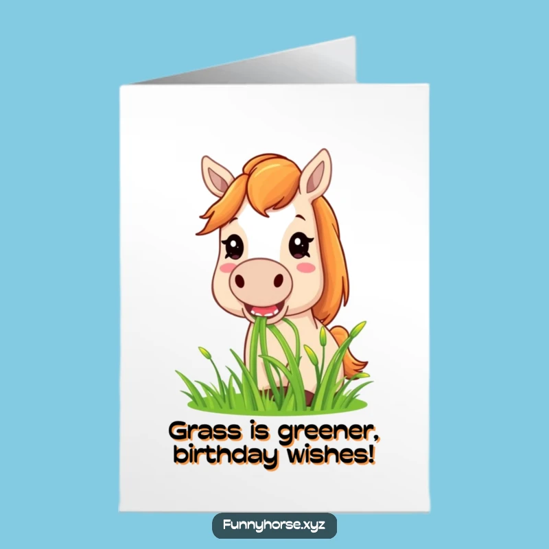Free Printable Birthday Card: Funny Horse Eating Grass, Perfect Downloadable For Laughs