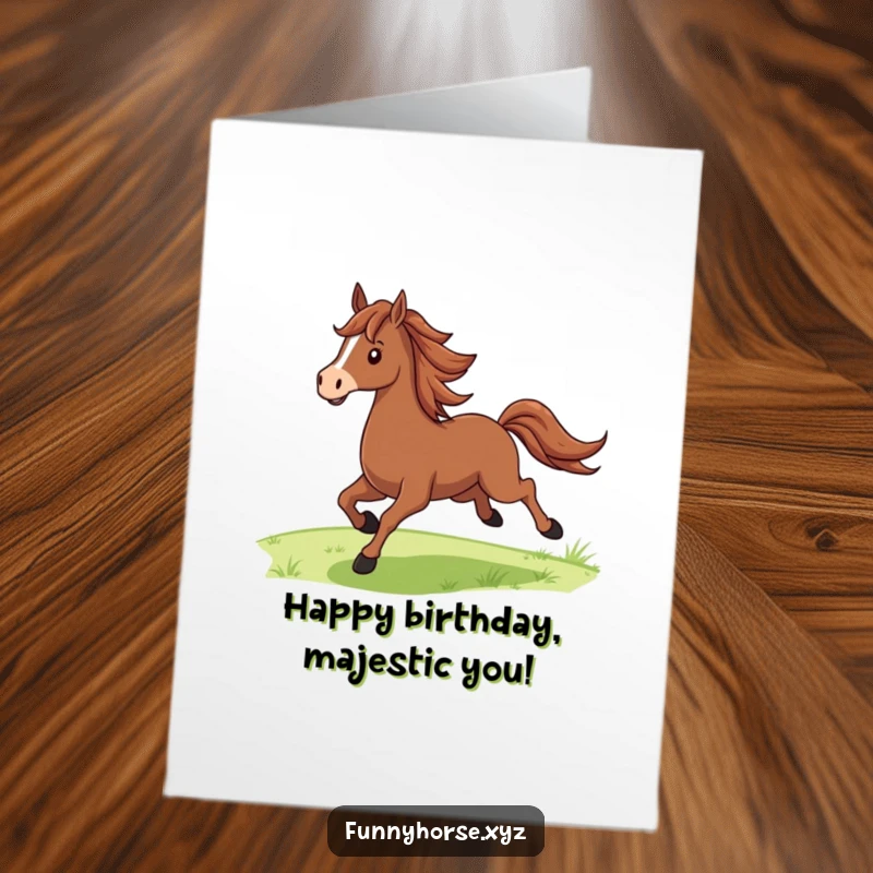 Funny Free Printable Birthday Card showing a proud brown horse with a flowing mane galloping joyfully across vibrant green fields.
