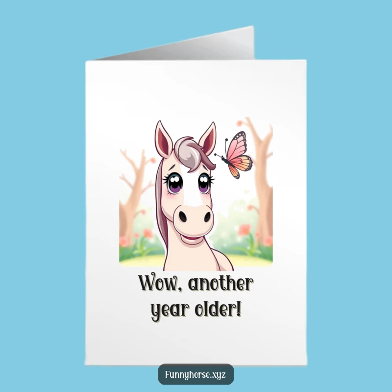 Free Printable Birthday Card: Surprised Horse & Butterfly, Whimsical Downloadable