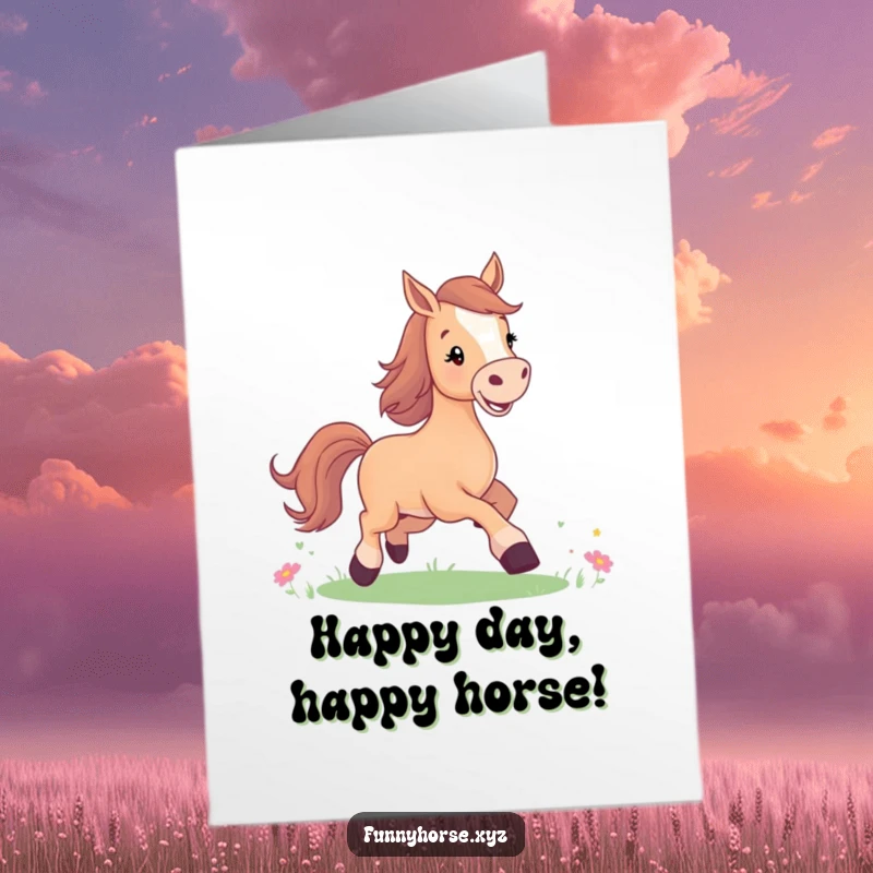 Funny Free Printable Birthday Card: Joyful horse with a bright smile prancing in a meadow, spreading birthday cheer.