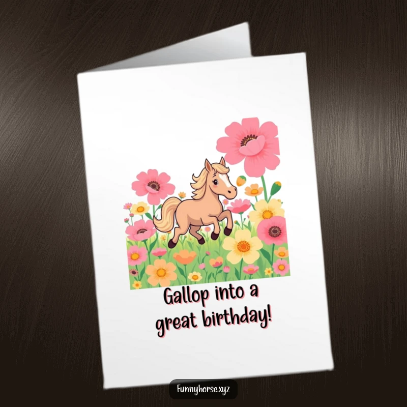 Funny Free Printable Birthday Card: A playful horse galloping with joy through a field of huge, colorful flowers.