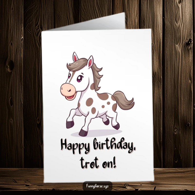 Funny Free Printable Birthday Card of a happy spotted horse with a determined expression energetically trotting forward with purpose.