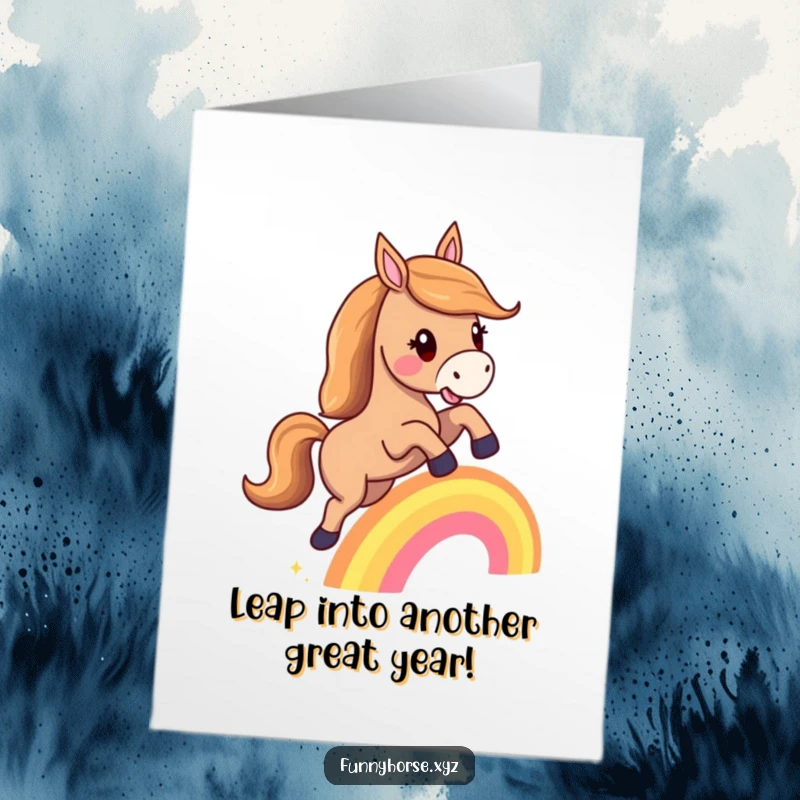 Funny Free Printable Birthday Card: A happy horse with a flowing mane joyfully leaping over a miniature rainbow.
