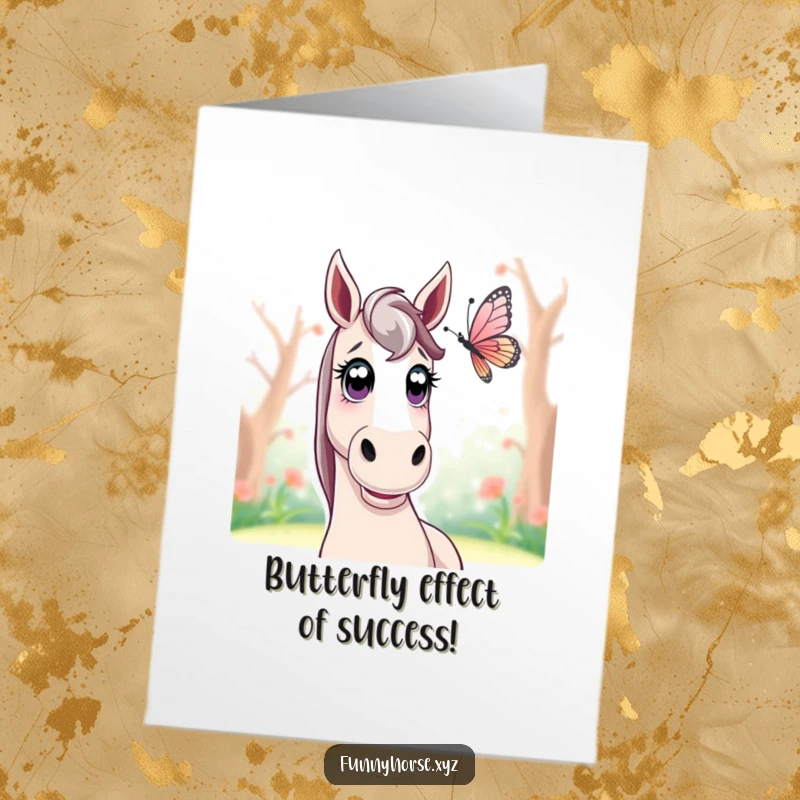Funny Free Printable Congratulations Card: A horse looks utterly surprised with its eyes wide open at a colorful fluttering butterfly.
