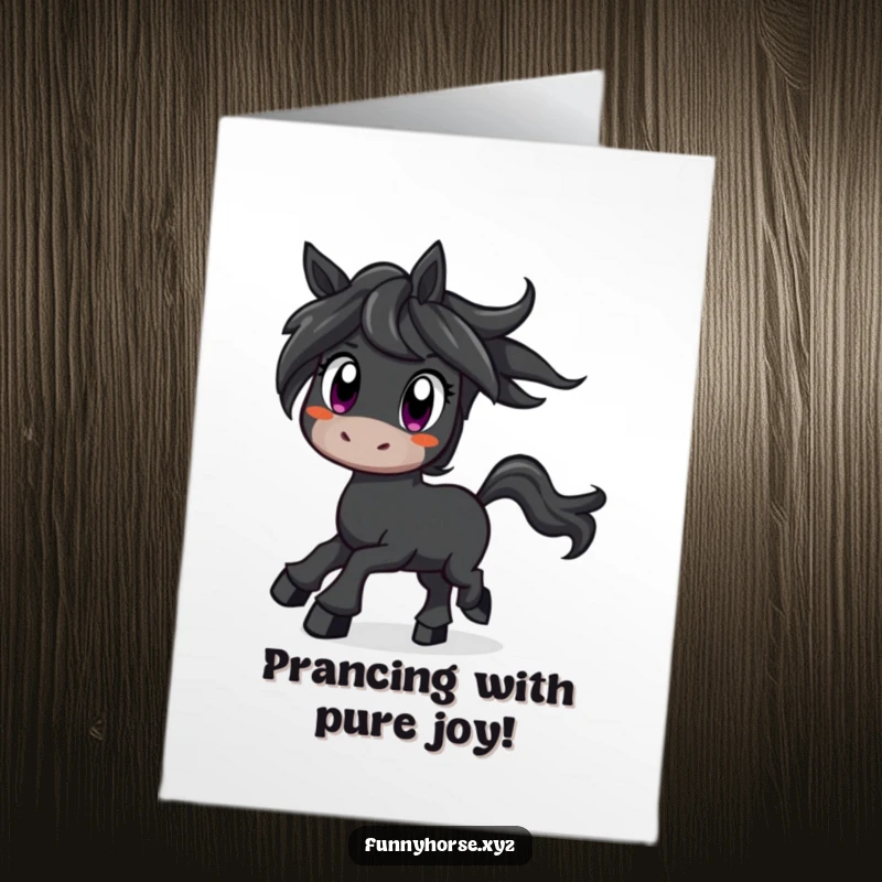 Funny Free Printable Congratulations Card of a curious black horse with wide eyes prancing with excitement, ready for anything.