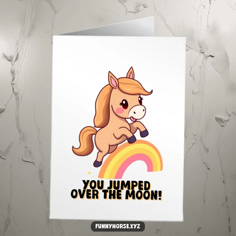 Funny Free Printable Congratulations Card: A horse with a flowing mane soaring over a tiny rainbow in celebration.