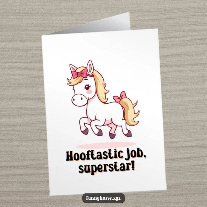 Funny Free Printable Congratulations Card: A whimsical horse with a bow on its tail in mid-air, doing a happy hop.