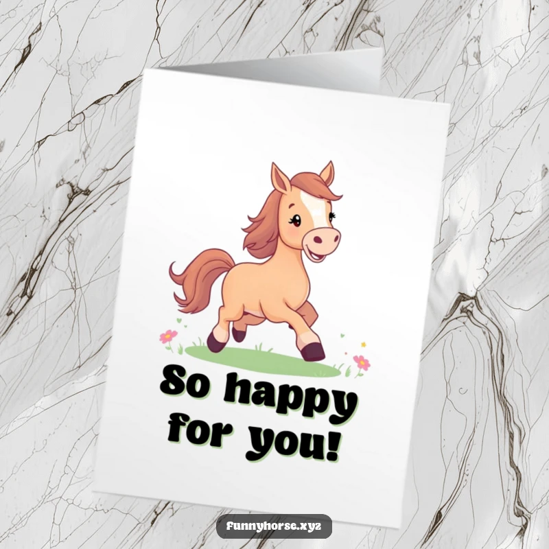 Funny Free Printable Congratulations Card: Joyful horse with a bright smile prancing in a meadow, celebrating their happiness.