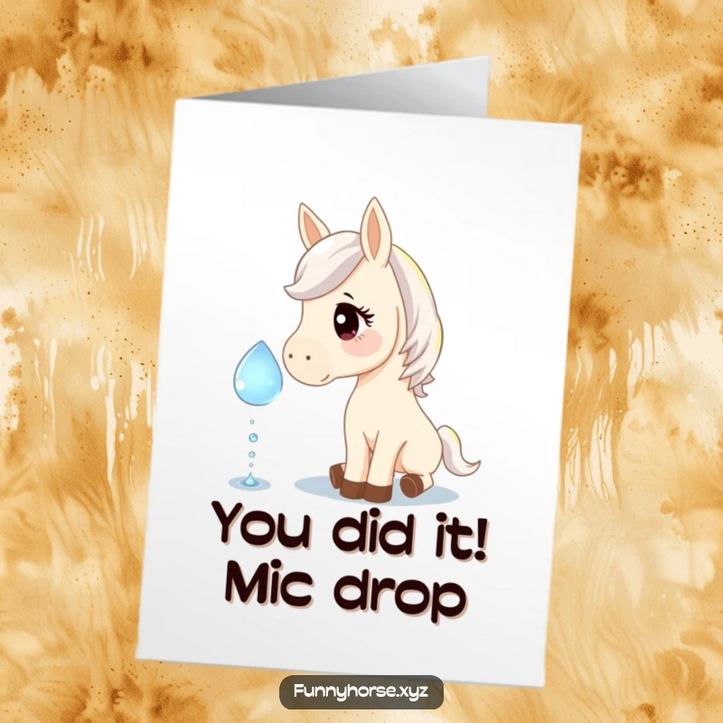 Funny Free Printable Congratulations Card: Curious horse gently nudging a giant sparkling dewdrop, celebrating your success.