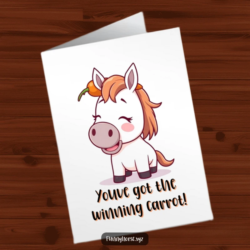 Funny Free Printable Congratulations Card: A horse with wide eyes and a giggle trying to keep a carrot balanced on its head.