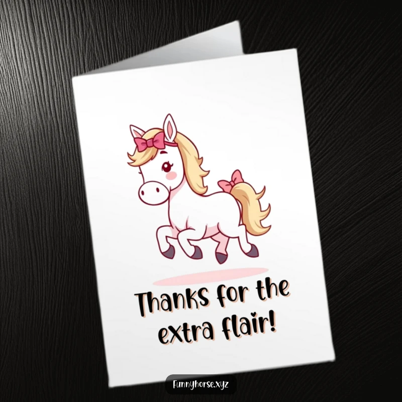 Funny Free Printable Thank You Card: A whimsical horse with a decorative bow on its tail, caught mid-hop.