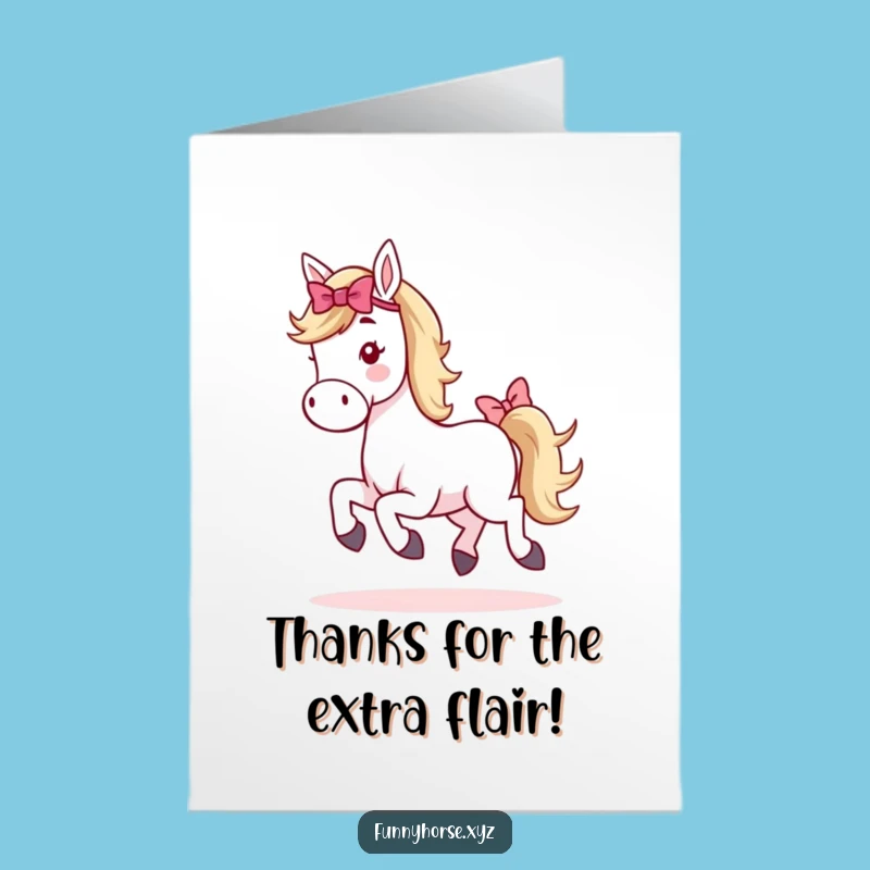 Free Printable Thank You Card: Happy Hopping Horse With Tail Bow, Downloadable