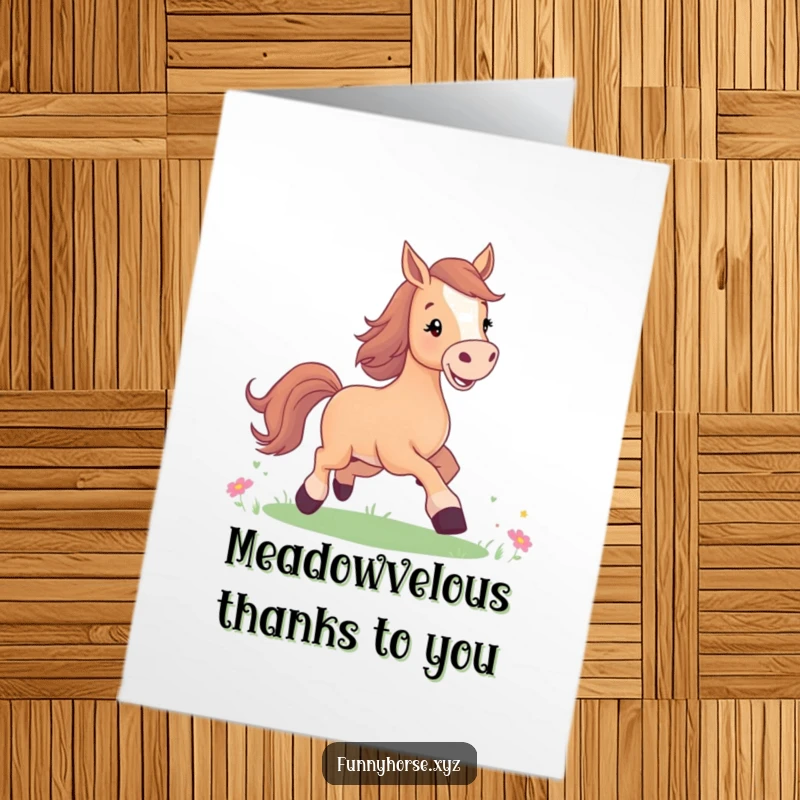 Funny Free Printable Thank You Card: Joyful horse with a bright smile prancing in a meadow, expressing thanks.