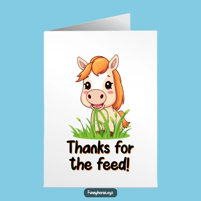 Free Printable Thank You Card: Amused Horse Eating Grass, Downloadable Design