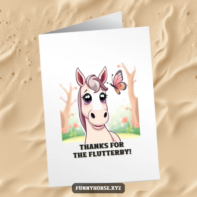 Funny Free Printable Thank You Card: A horse with its mouth slightly agape and eyes wide, watching a butterfly flutter past.