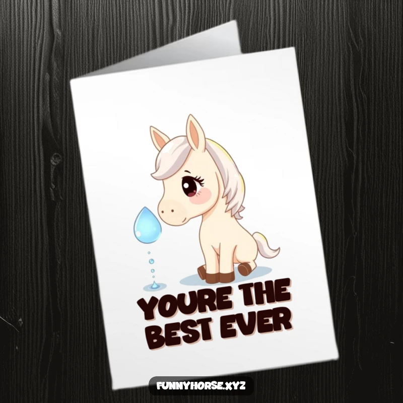 Funny Free Printable Thank You Card: Curious horse gently nudging a giant sparkling dewdrop, expressing heartfelt gratitude.