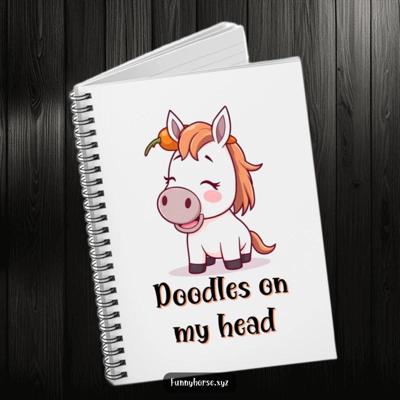 Funny giggling horse notebook cover with a horse trying to balance a carrot on its head, inspiring playful thoughts.