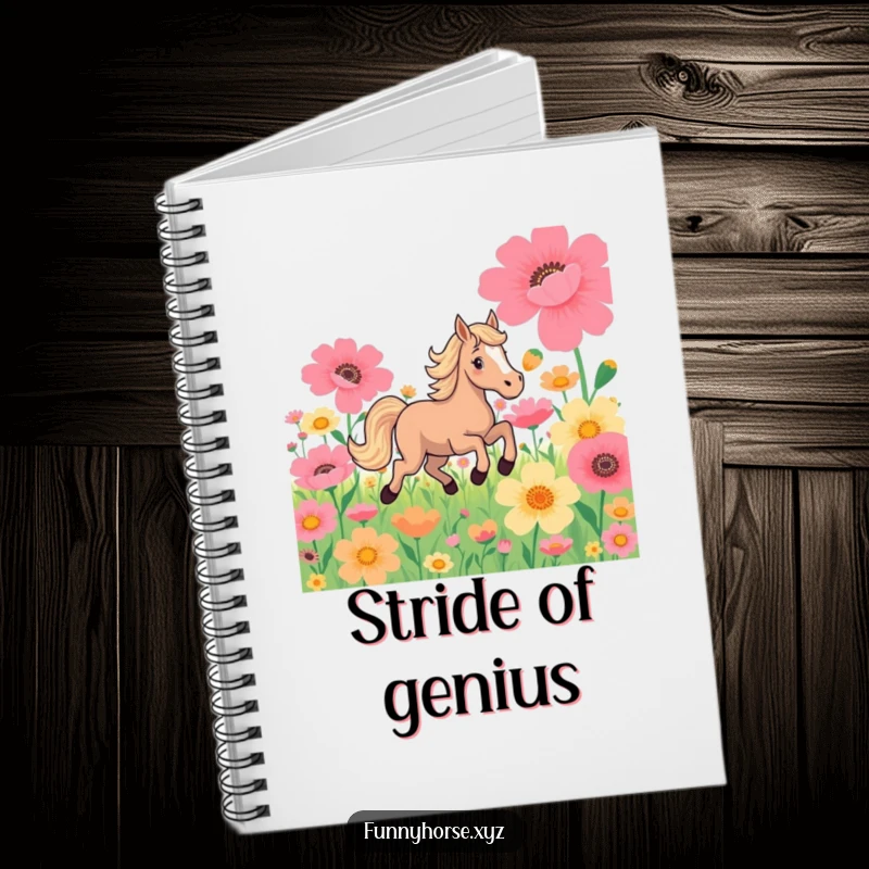 Funny notebook: A playful horse joyfully gallops through vibrant flowers, inspiring notes on adventure and freedom.