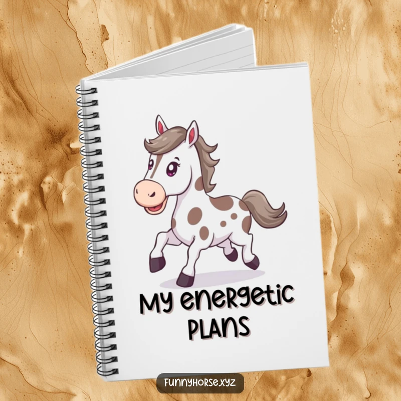Funny happy spotted horse with a determined expression trots energetically, a humorous notebook for driven individuals.