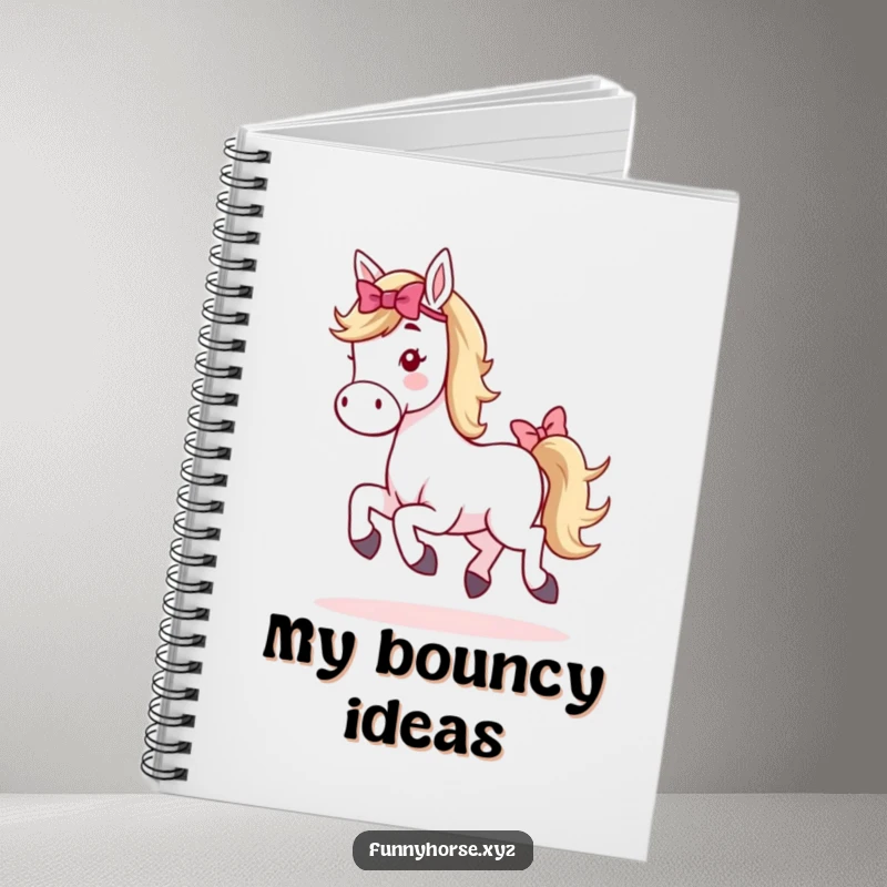 Funny whimsical horse notebook cover showcasing a horse with a bow on its tail doing a happy hop, perfect for note-taking.