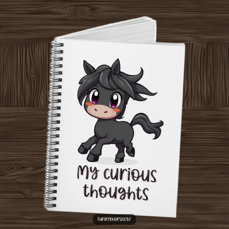 Funny curious black horse with wide eyes prancing with excitement, a humorous notebook for creative inspiration.