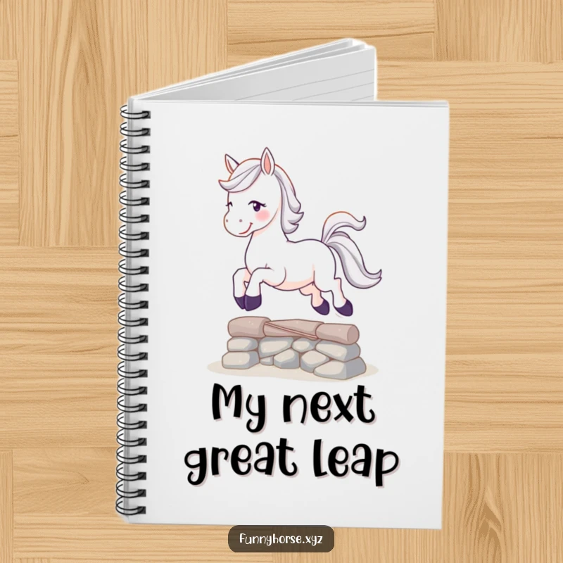 Funny playful white horse with a sparkling tail leaping over a small obstacle, a humorous notebook for creative inspiration.