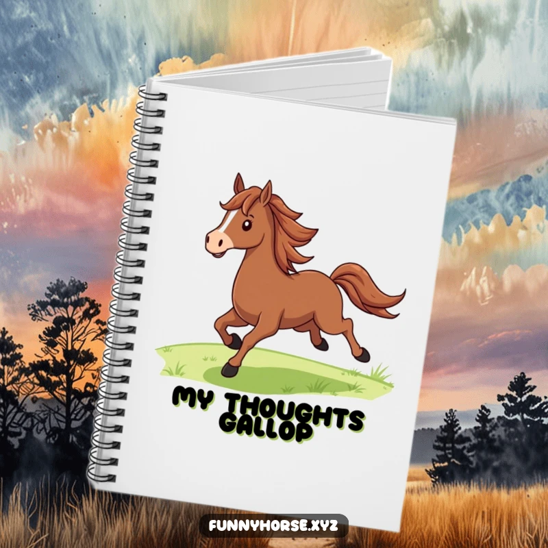 Funny proud brown horse with a flowing mane galloping joyfully across green fields, a humorous notebook for equestrian inspiration.