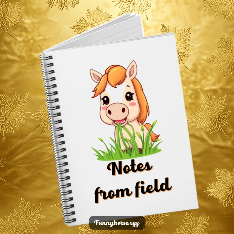 Funny horse notebook cover with a happy horse contentedly munching on a large bunch of sweet green grass, inspiring laughter.