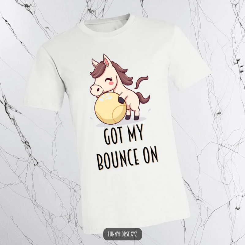 Funny Horse T-Shirt depicting an energetic horse playfully nudging a bouncing ball, capturing a moment of pure, humorous fun.