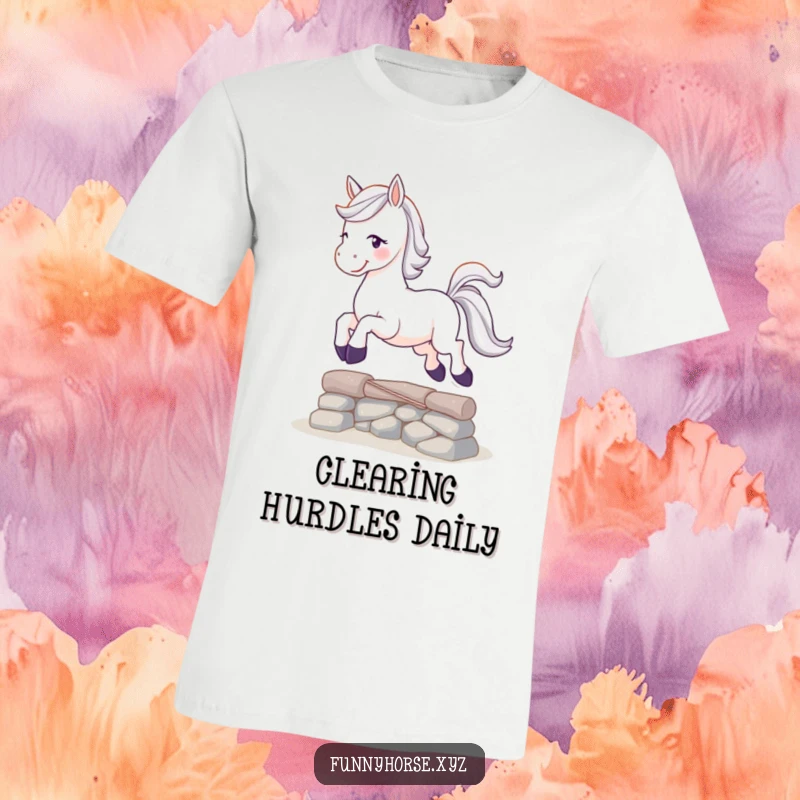 Funny playful white horse with a sparkling tail leaping over a small obstacle, a humorous t-shirt for those who love fun.