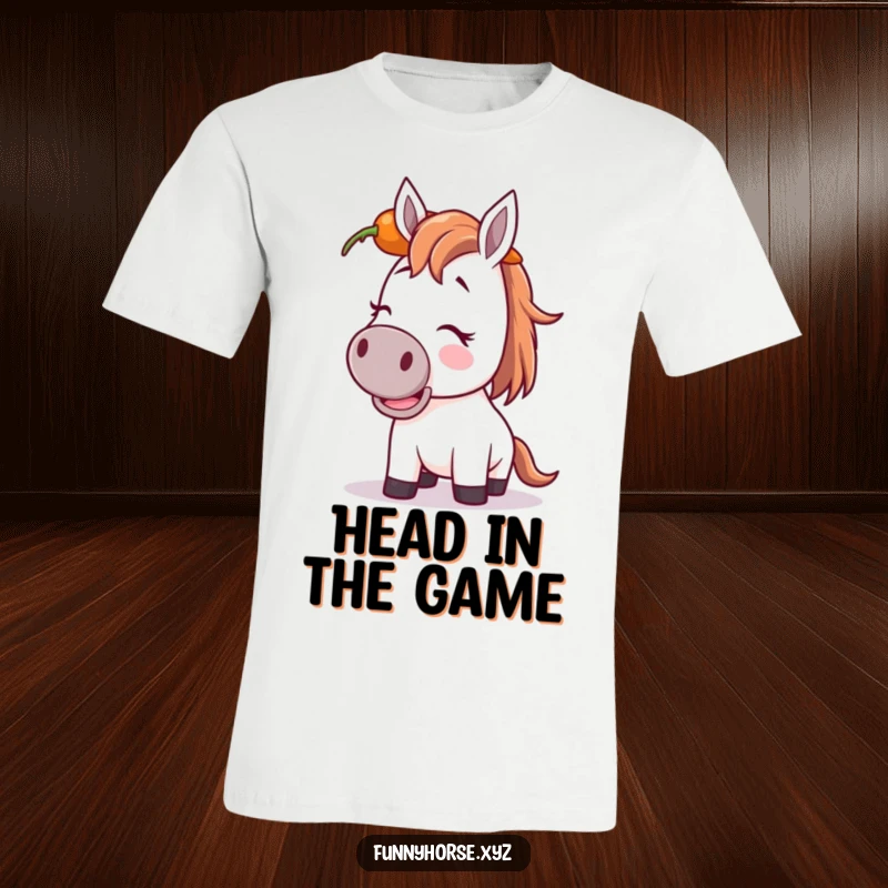 Funny giggling horse t-shirt with a horse trying to balance a carrot on its head, with a clear look of amusement.