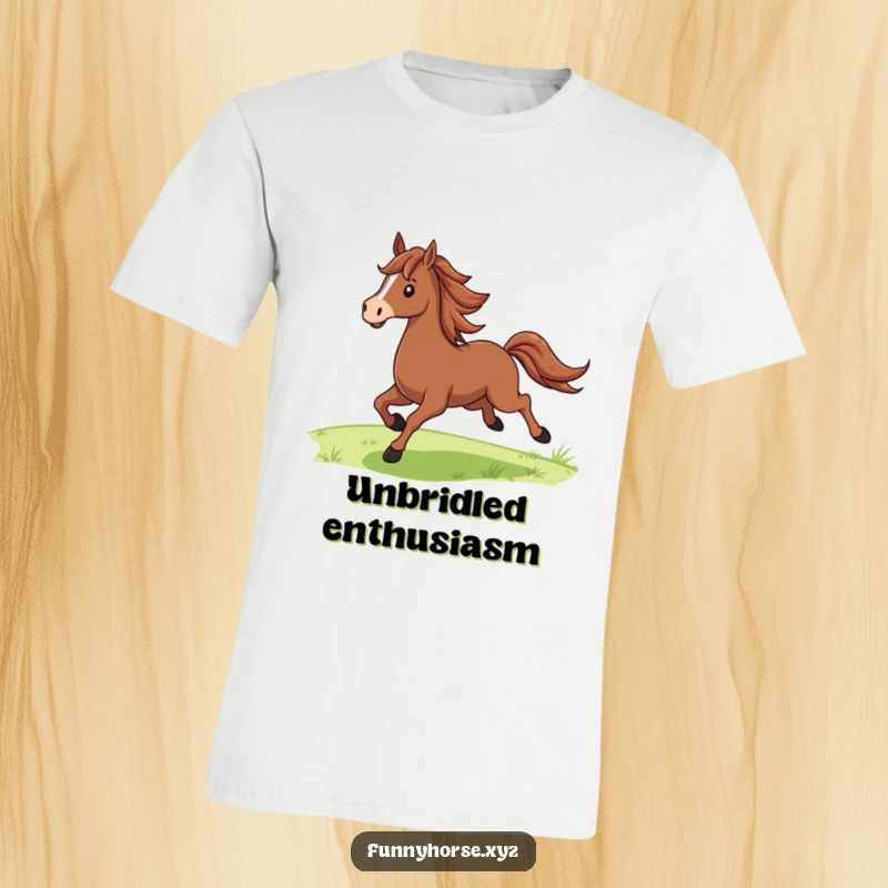 Funny proud brown horse with a flowing mane galloping joyfully across green fields, a humorous t-shirt for horse lovers.