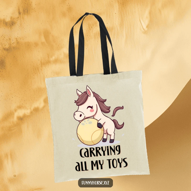Funny Horse Tote Bag showing an energetic horse playfully nudging a bouncing ball, ideal for carrying items with a humorous, spirited flair.