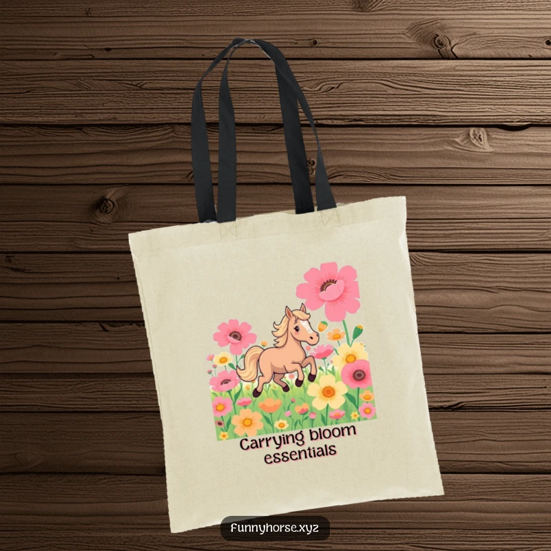 Funny tote bag: A playful horse joyfully gallops through a field of vibrant, oversized flowers, showcasing its free spirit.